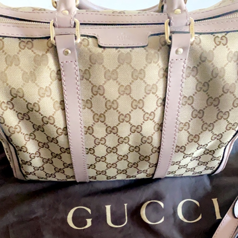 GUCCI Canvas Web Medium Boston Bag -  Nude Pink